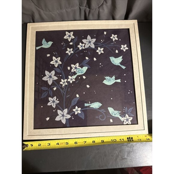 Vintage Chinese Jianzhi Paper Art Framed Bird Flowers Tree Leaves 14x6” Blue - Picture 4 of 16
